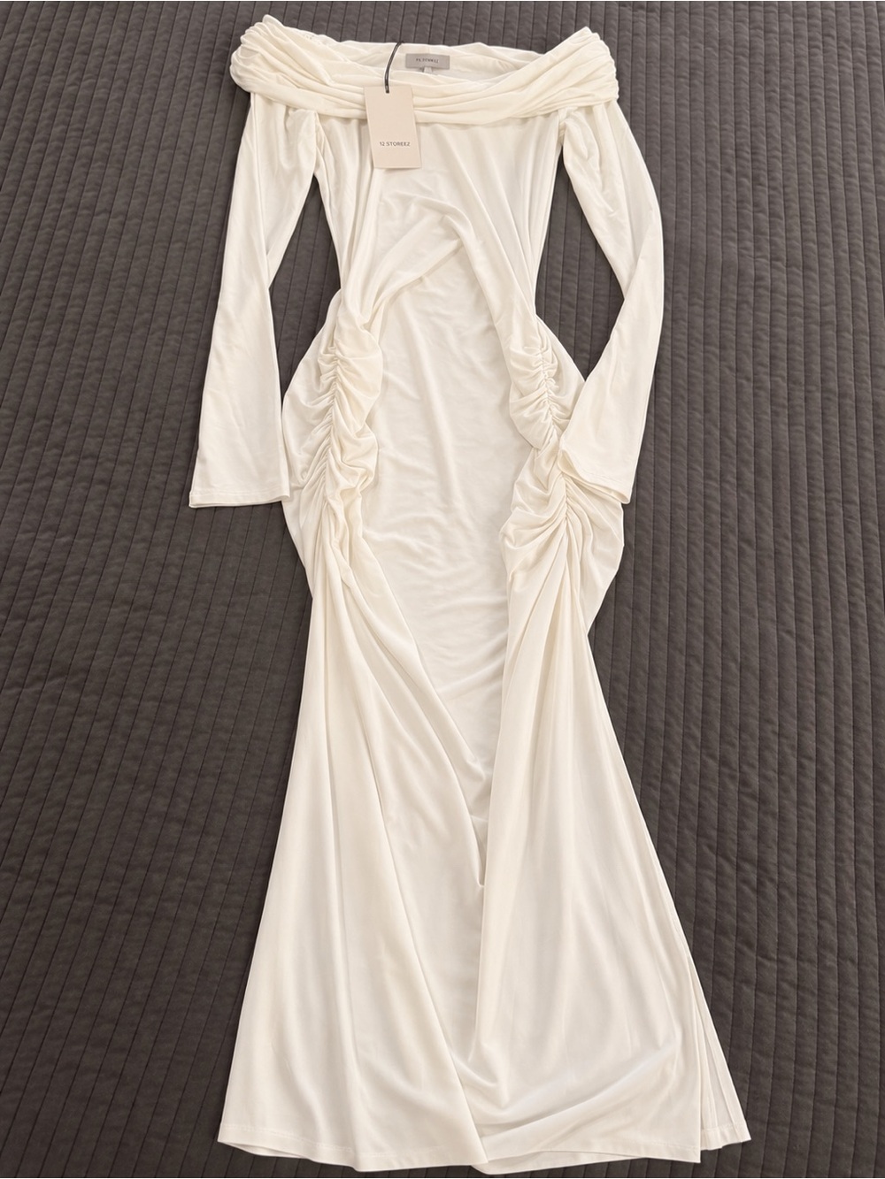 Off-Shoulder Ruched Ivory Maxi Dress